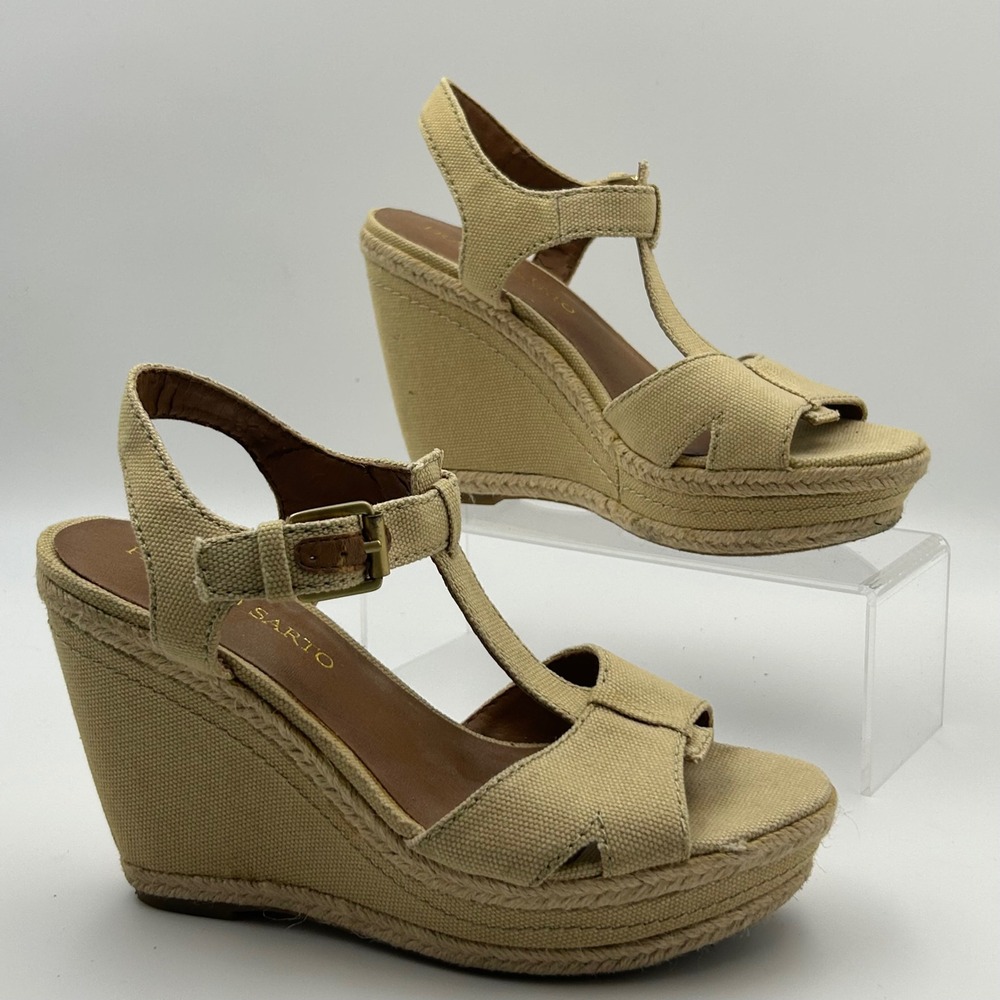 Franco Sarto Wedge Sandals Womens 7.5 Beige Canvas Espadrille T-Strap Boho Coast